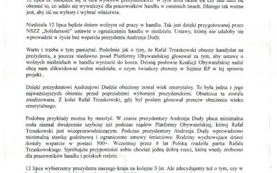 Komunikat z dnia 03.07.2020 r. skierowany do pracowników handlu- członków NSZZ „Solidarność”