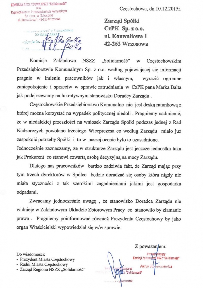 KZ &quot;Solidarność&quot; CzPK: Nie ma miejsca na synekury w miejskich spółkach