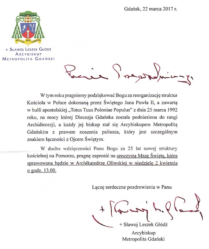Jubileusz 25-lecia Archidiecezji Gdańskiej. W niedzielę uroczysta msza święta