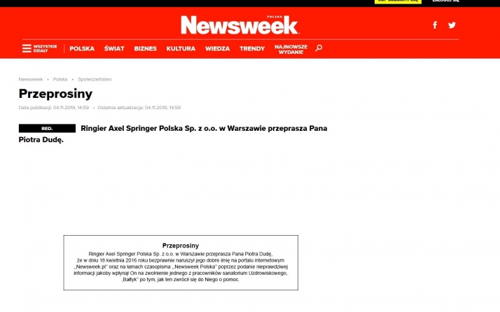 Newsweek przeprasza Piotra Dudę po 3-letnim procesie. Ale jak? Żenujące