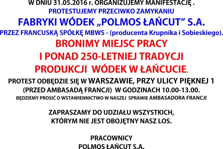 31 maja manifestacja w obronie miejsc pracy