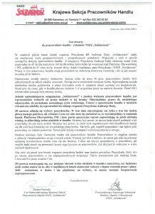 List otwarty do pracowników handlu – członków NSZZ „Solidarność”