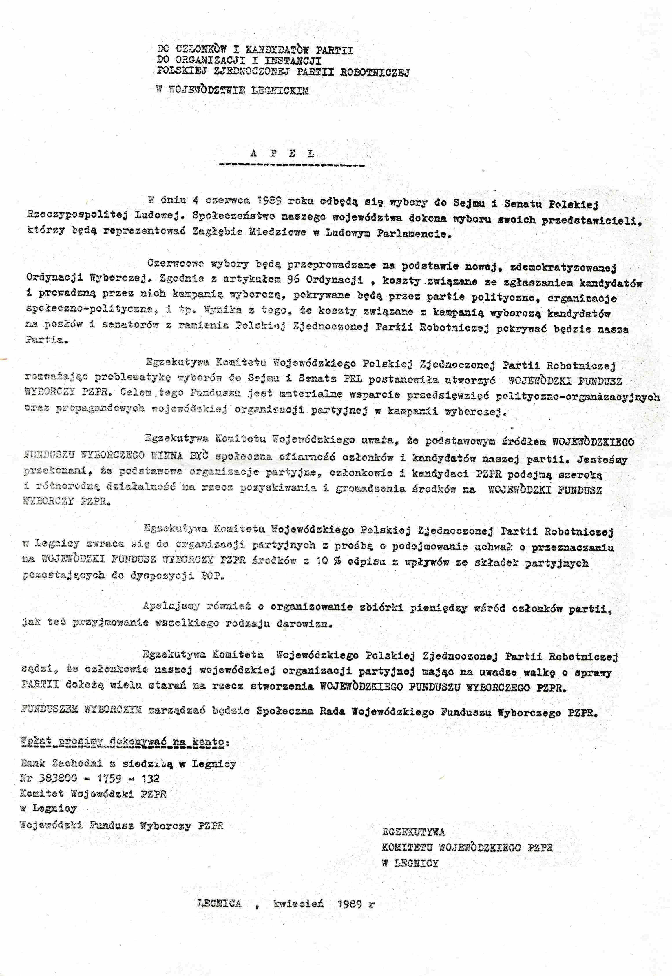 LBP 49 - Apel Egzekutywy KW PZPR w Legnicy