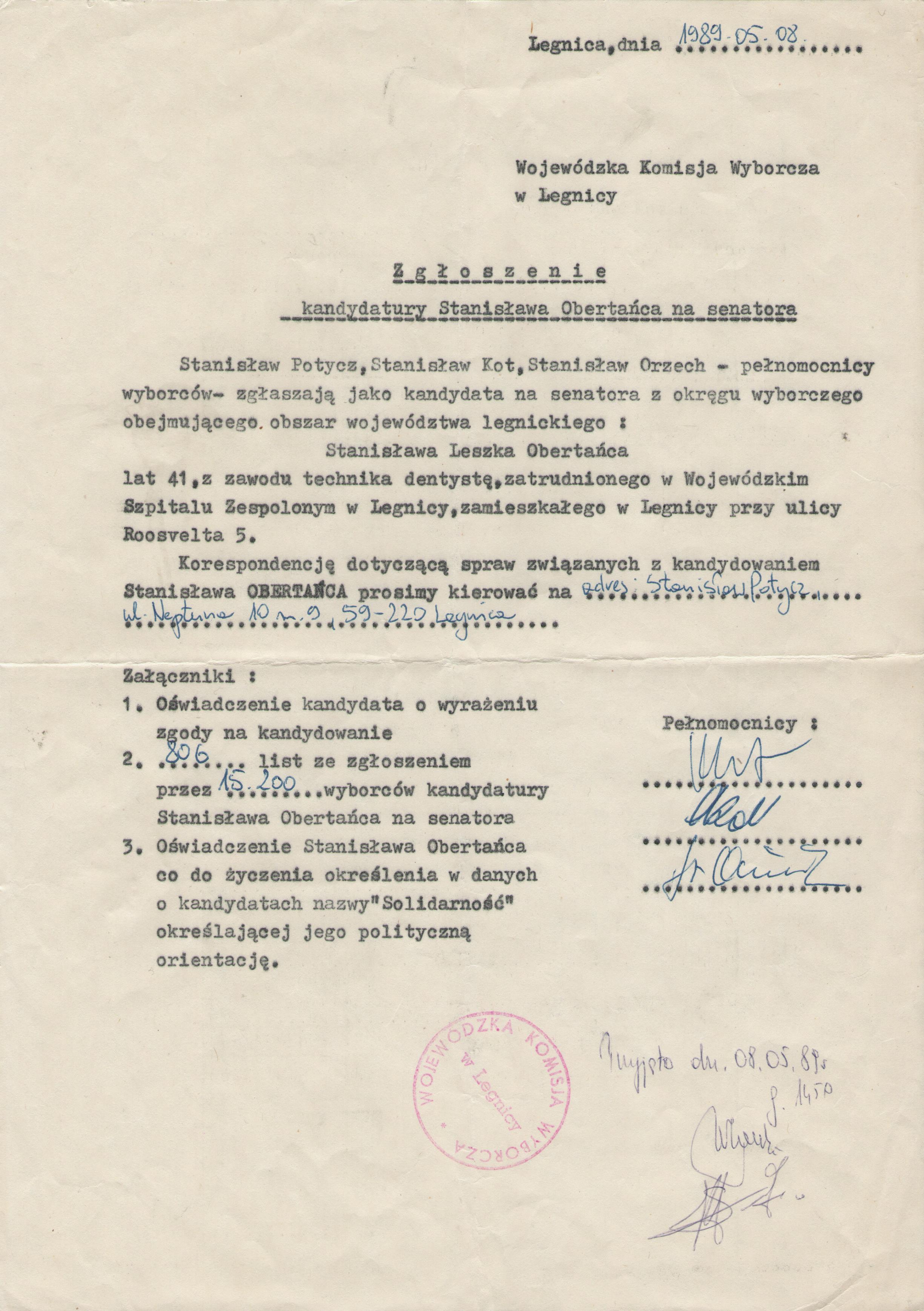 ASP 09 - Zgłoszenie kandydatury S. Obertańca na senatora
