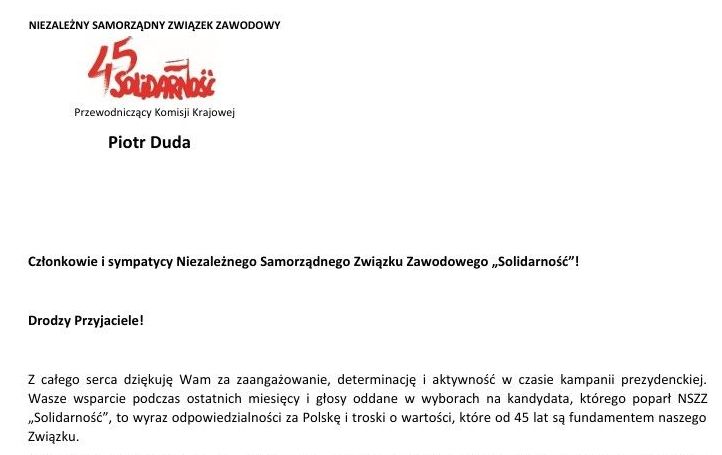 Piotr Duda dziękuje związkowcom za udział w wyborach