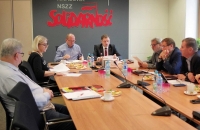 Prezydium Komisji Krajowej. Od lewej: Tadeusz Majchrowicz, Ewa Zydorek, Bogdan Biś, Piotr Duda, Henryk Nakonieczny, Jerzy Jaworski, Bogdan Kubiak.