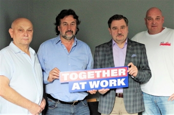 d lewej: Bogdan Szozda szef Sekretariatu Metalowców, Mirsoław Miara szef Sekretariatu Przemysłu Chemicznego, Piotra Duda szef Komisji Krajowej, Jarosław Grzesik szef Sekretariatu Górnictwa i Energetyki