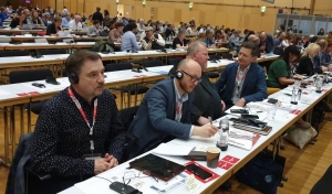 Piotr Duda wraz z delegacją &quot;Solidarności&quot; na kongresie EKZZ. Wiedeń, 23 maja 2019