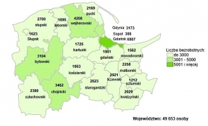 Liczba bezrobotnych w powiatach województwa pomorskiego wg stanu na 31.12.2017r.